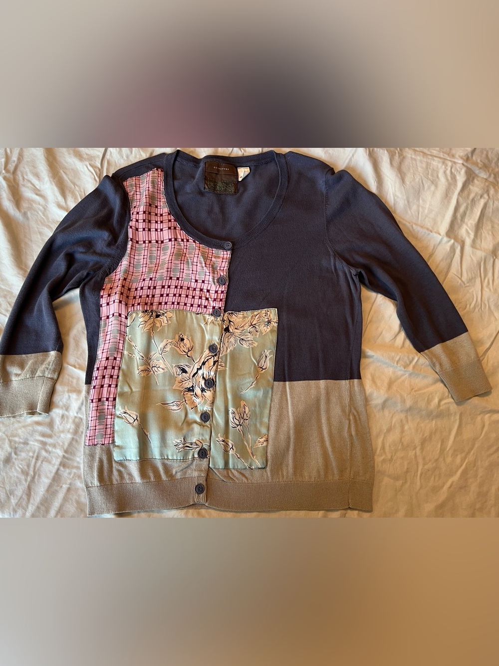 Guinevere Colorblock & Patchwork Button Cardigan - Navy, Pink & Sage